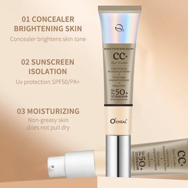 Crème CC O'Cheal 30 g – Fond de teint, correcteur, hydratant, écran solaire liquide SPF 50, waterproof