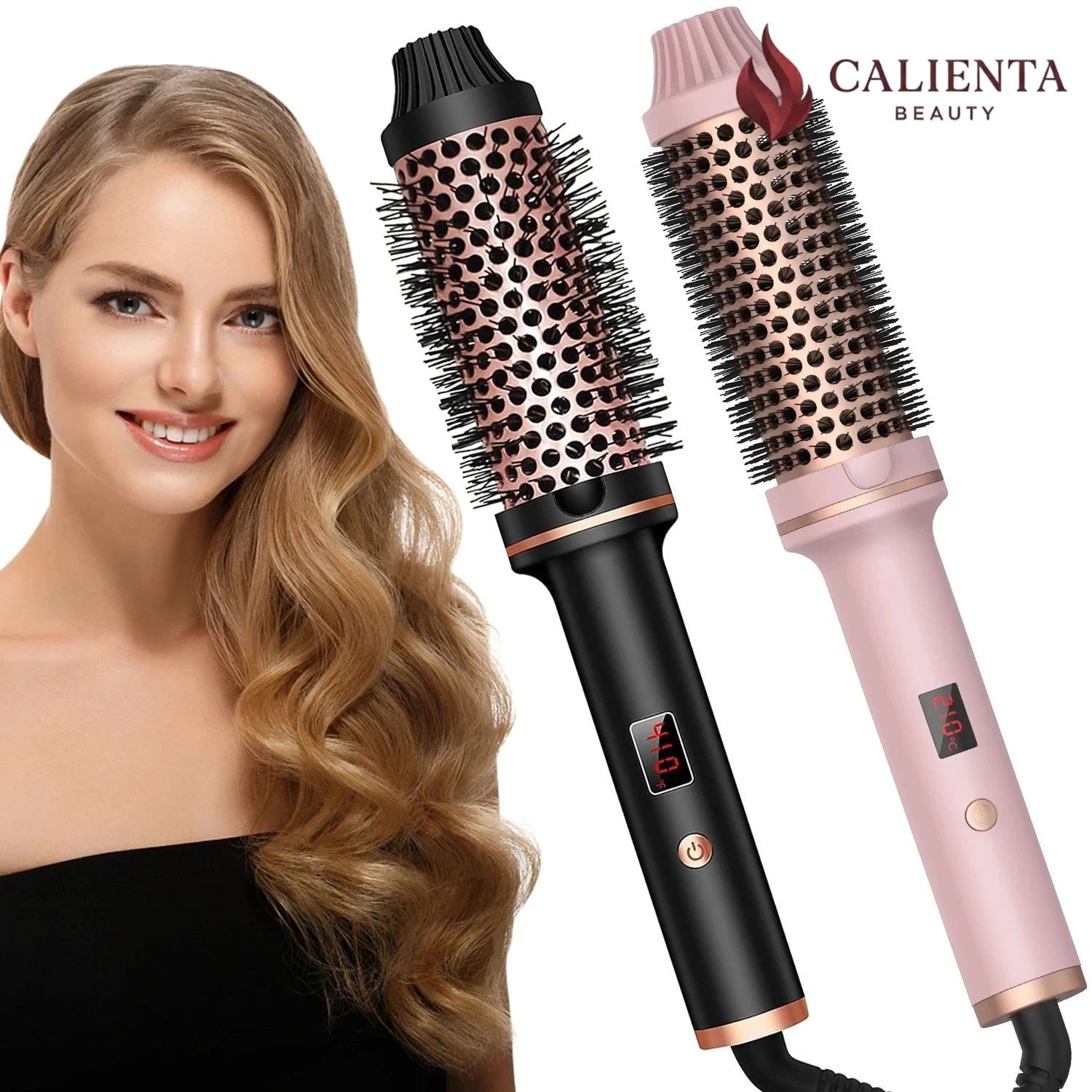 Femme aux cheveux ondulés avec deux brosses chauffantes lissantes électriques, noir et rose.