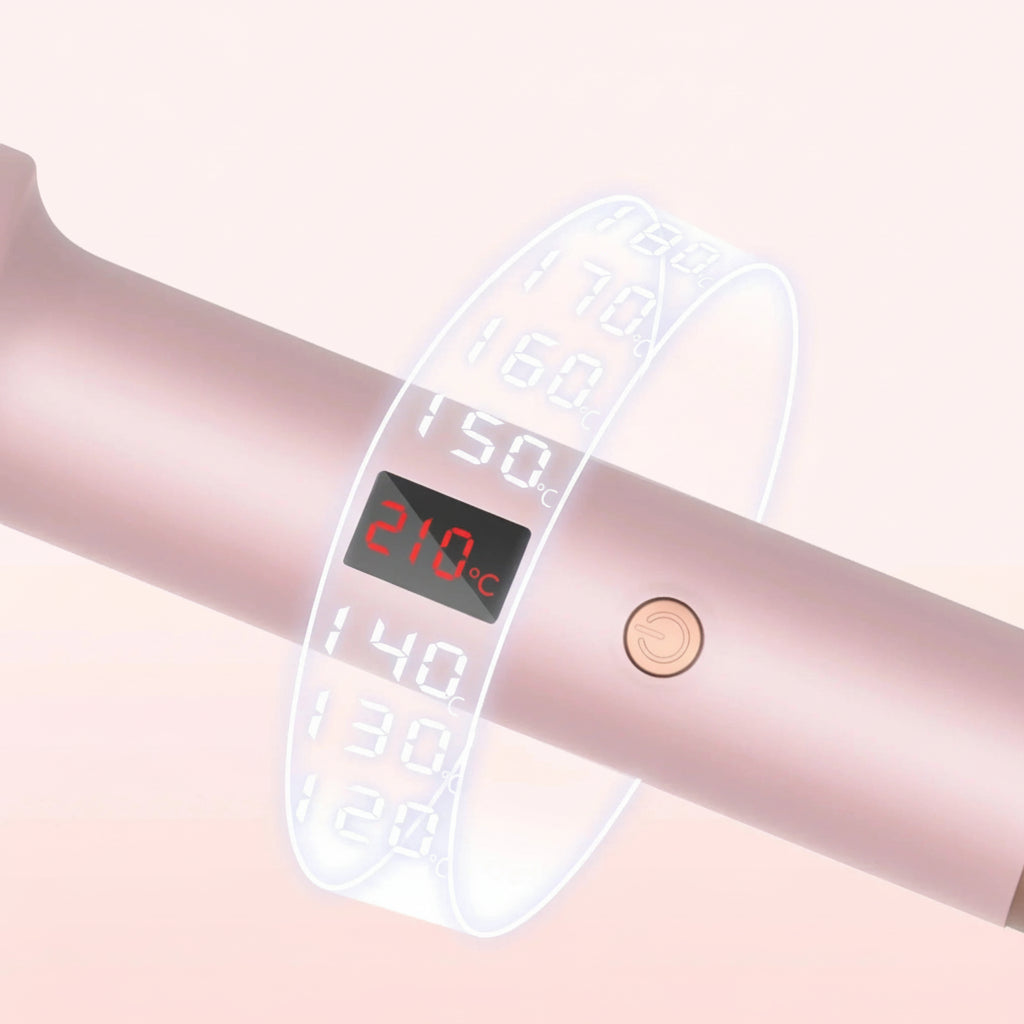 Fer à lisser rose avec écran LED affichant 210°C et bouton d'allumage, réglages de température